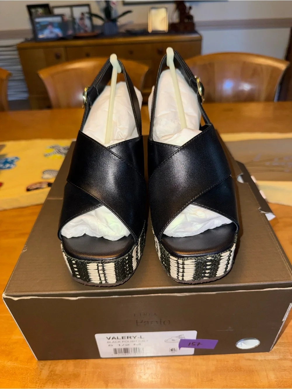 Linea Paolo Valery Black Leather Platform Wedge Sandals